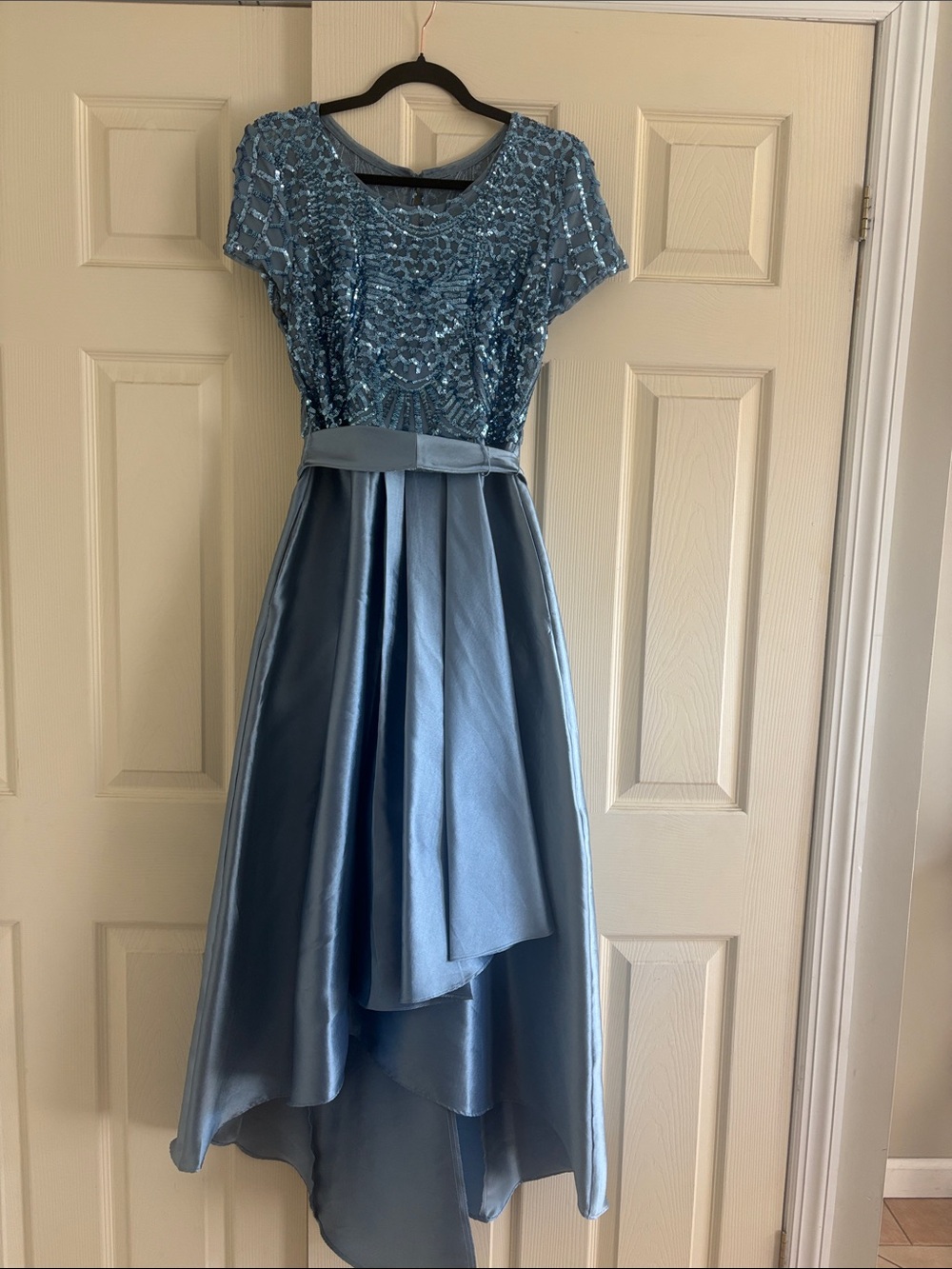 R&M Richards Light Blue Sequin Bodice High-Low Evening Dress